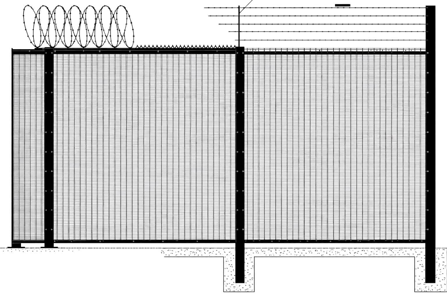 electrical-substation-anti-climb-mesh-security-fencing-section. Technical drawing of anti climb mesh security fencing with fence toppings for electrical substation perimeter protection