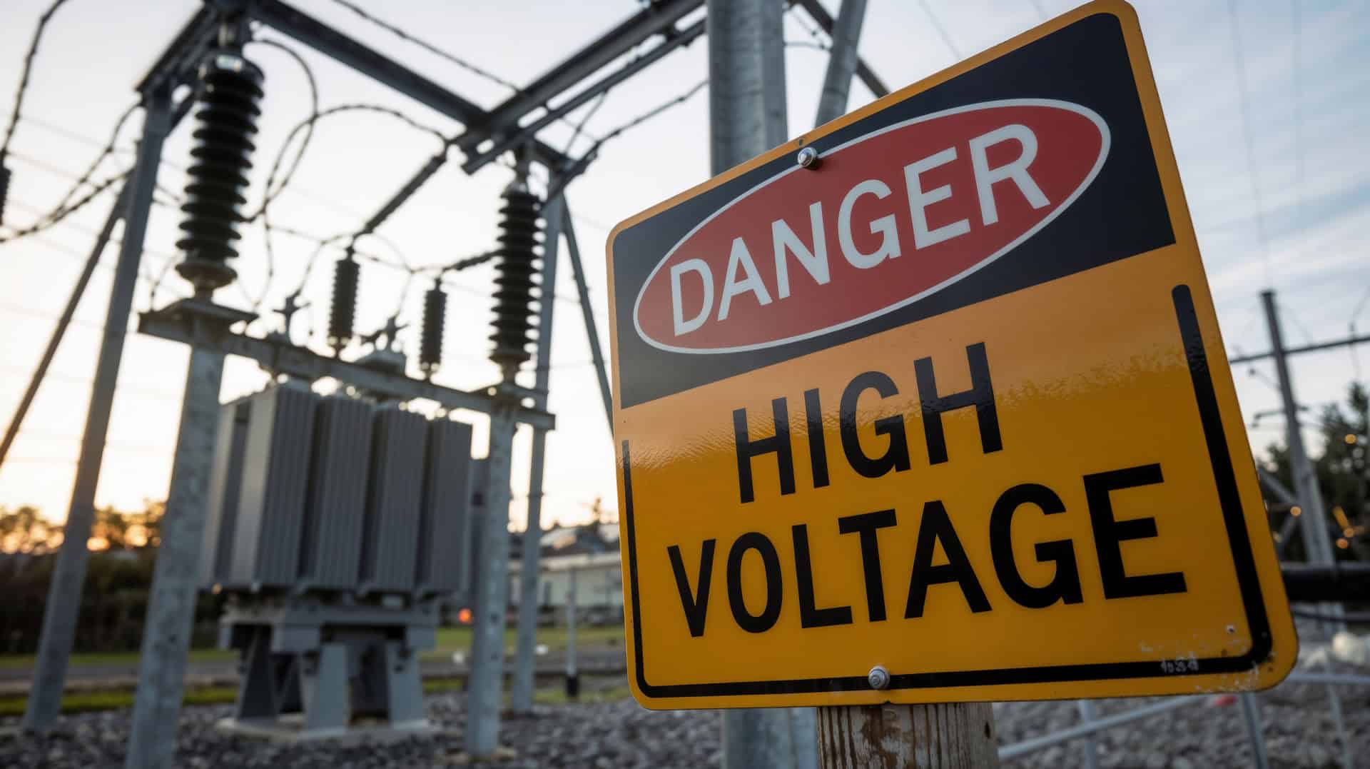substation-high-voltage-warning-sign High voltage warning sign at electrical substation infrastructure